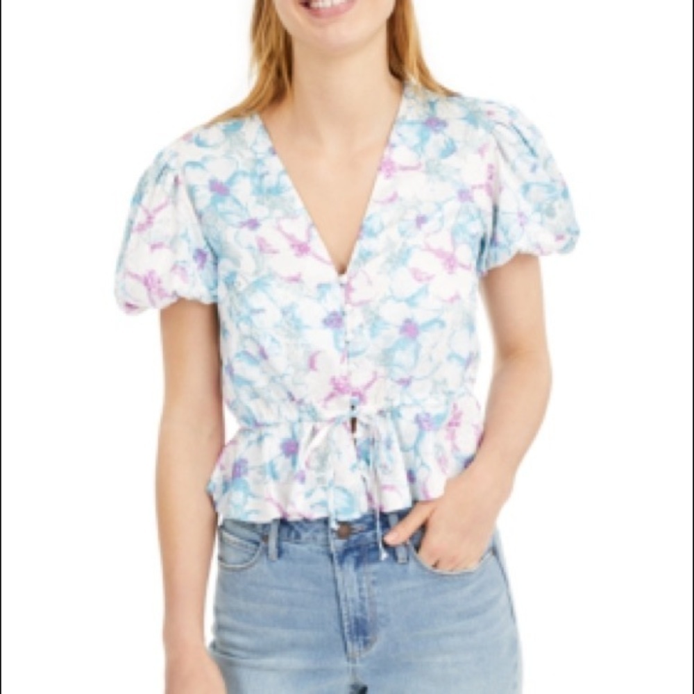 RAHI | Puff-sleeve Peplum Top In Blue Floral